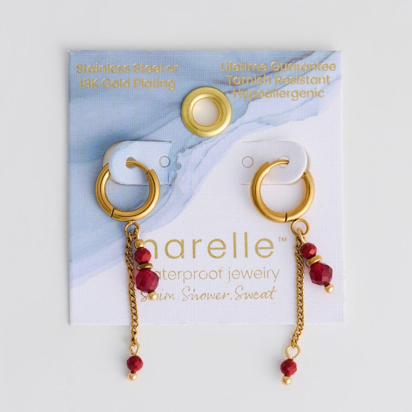 Narelle Waterproof Genuine Red Agate And Chain Hoop Drop Earrings
