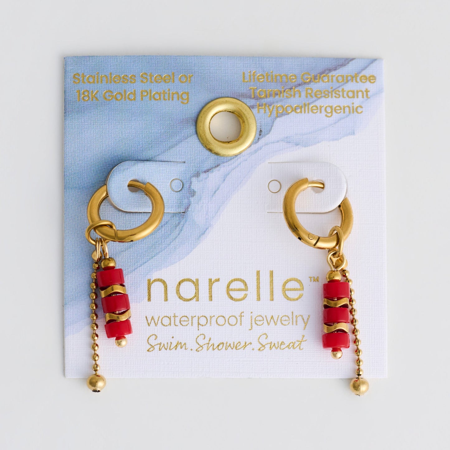 Narelle Waterproof Genuine Red Agate And Chain Hoop Drop Earrings