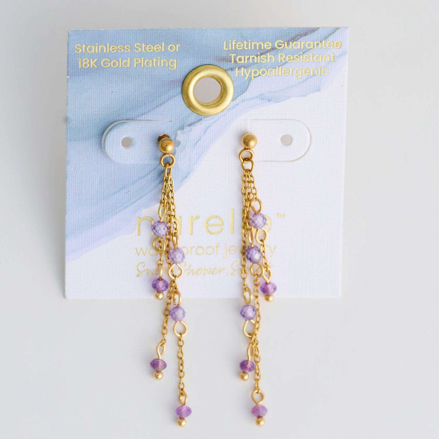 Narelle Waterproof Genuine Amethyst Multi Chain Drop Earrings