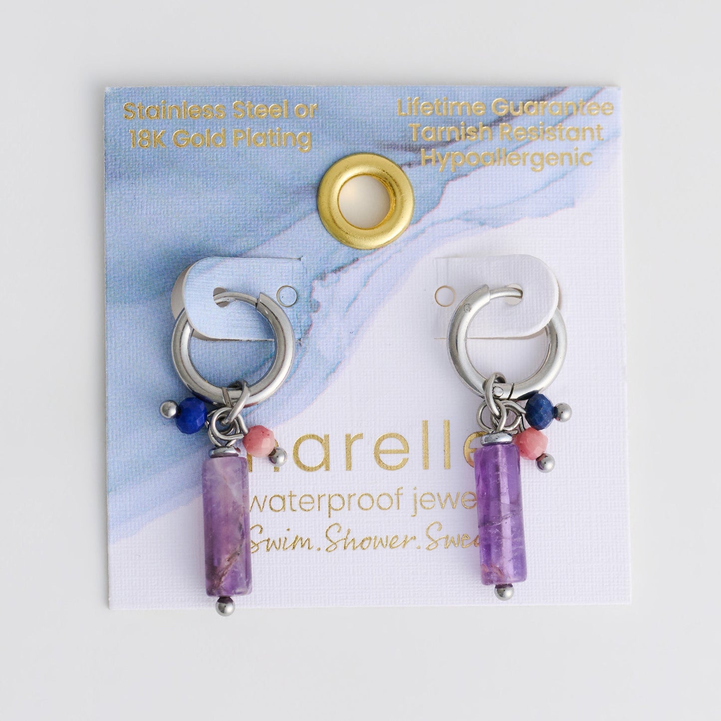 Narelle Waterproof Genuine Amethyst Stone Bar Earrings