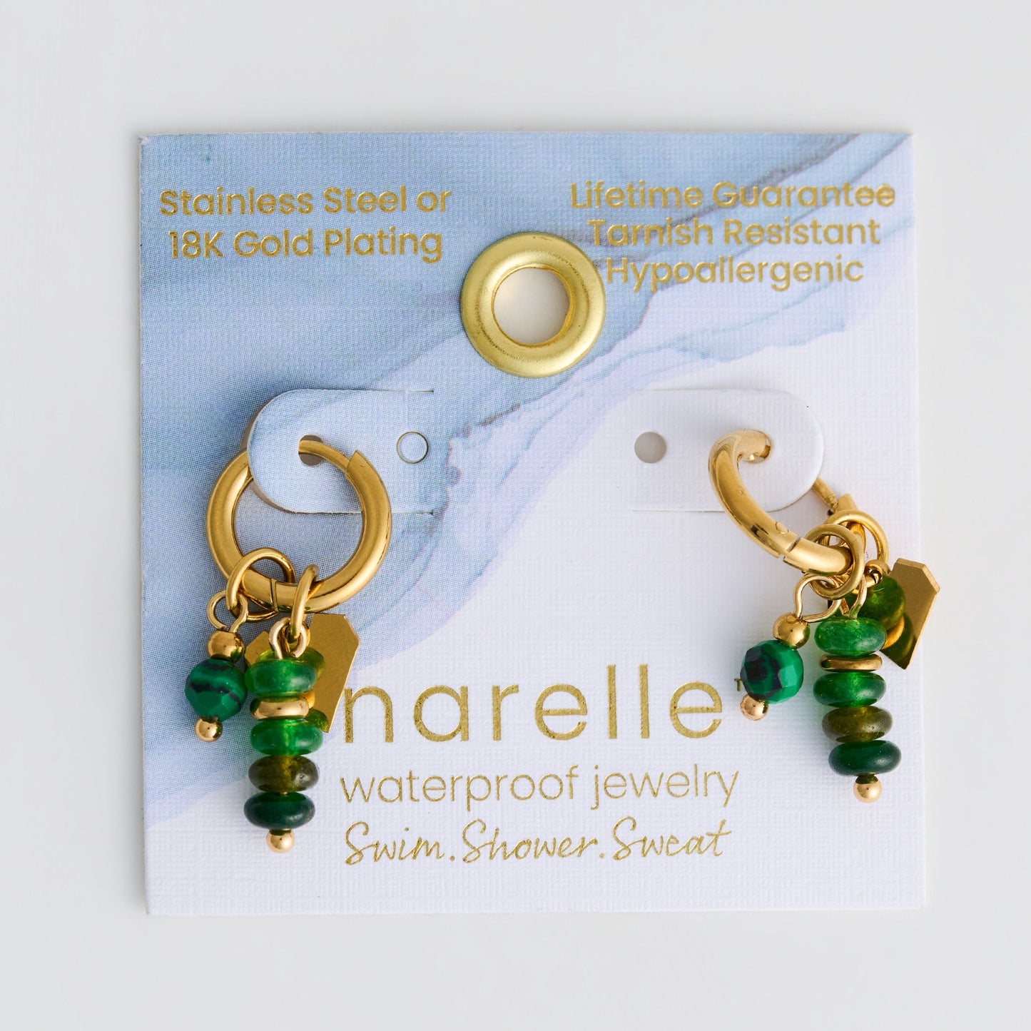 Narelle Waterproof Genuine Malachite Double Linked Stone Earrings