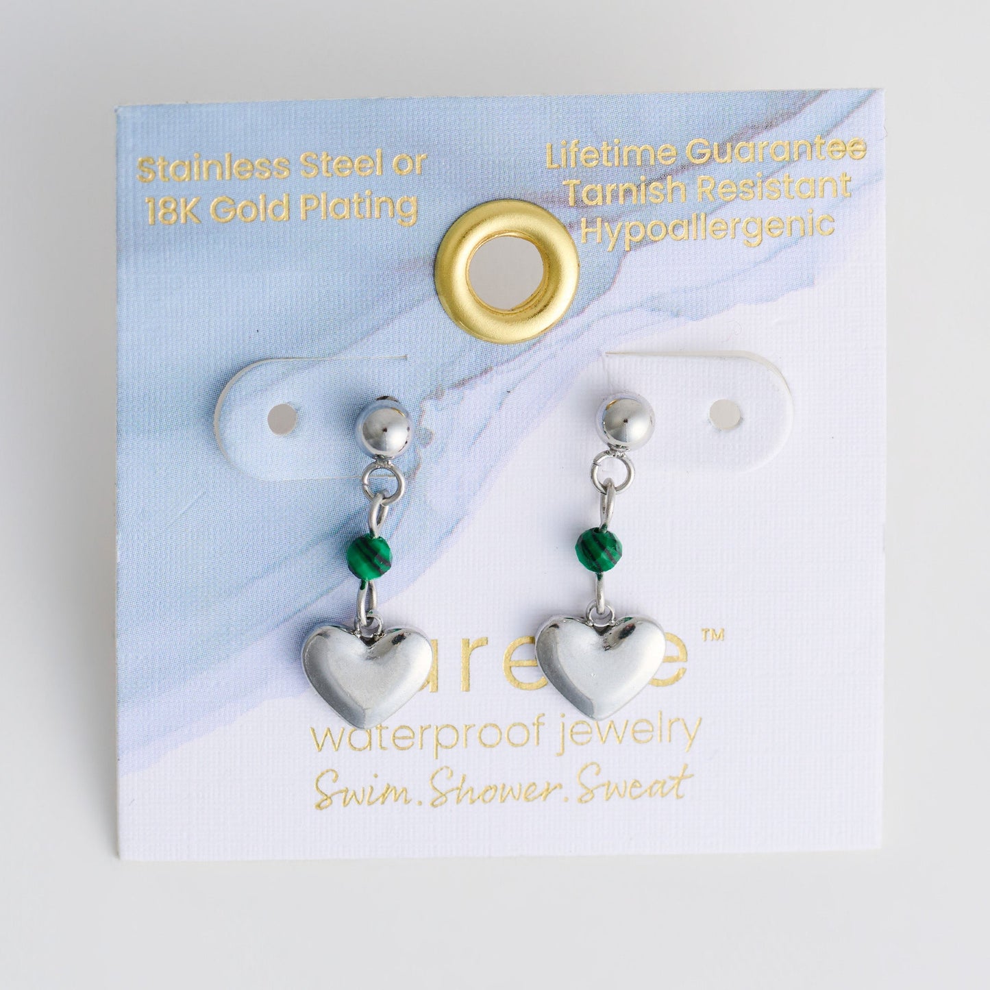 Narelle Waterproof Genuine Malachite Dangle Heart Earrings