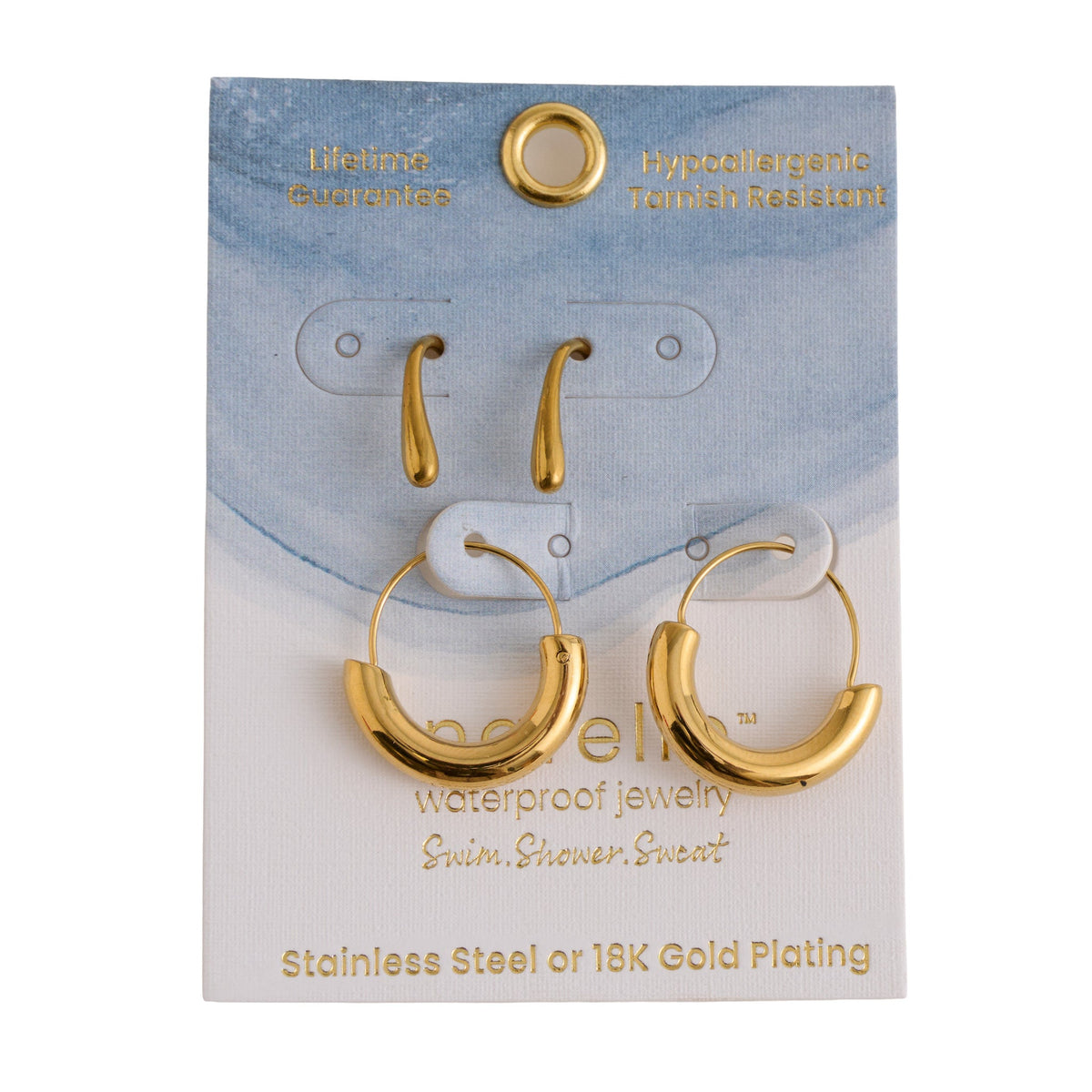 Narelle Waterproof Crescent Tube Hoop and Teardrop Drop Earring Set