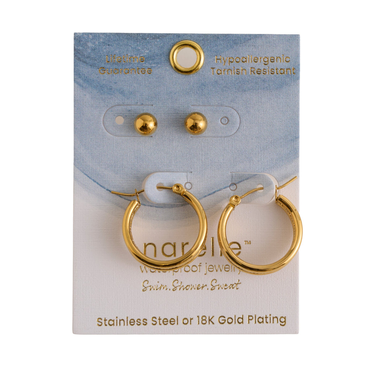Narelle Waterproof Multi Band Huggie Hoop and Ball Stud Earring Set