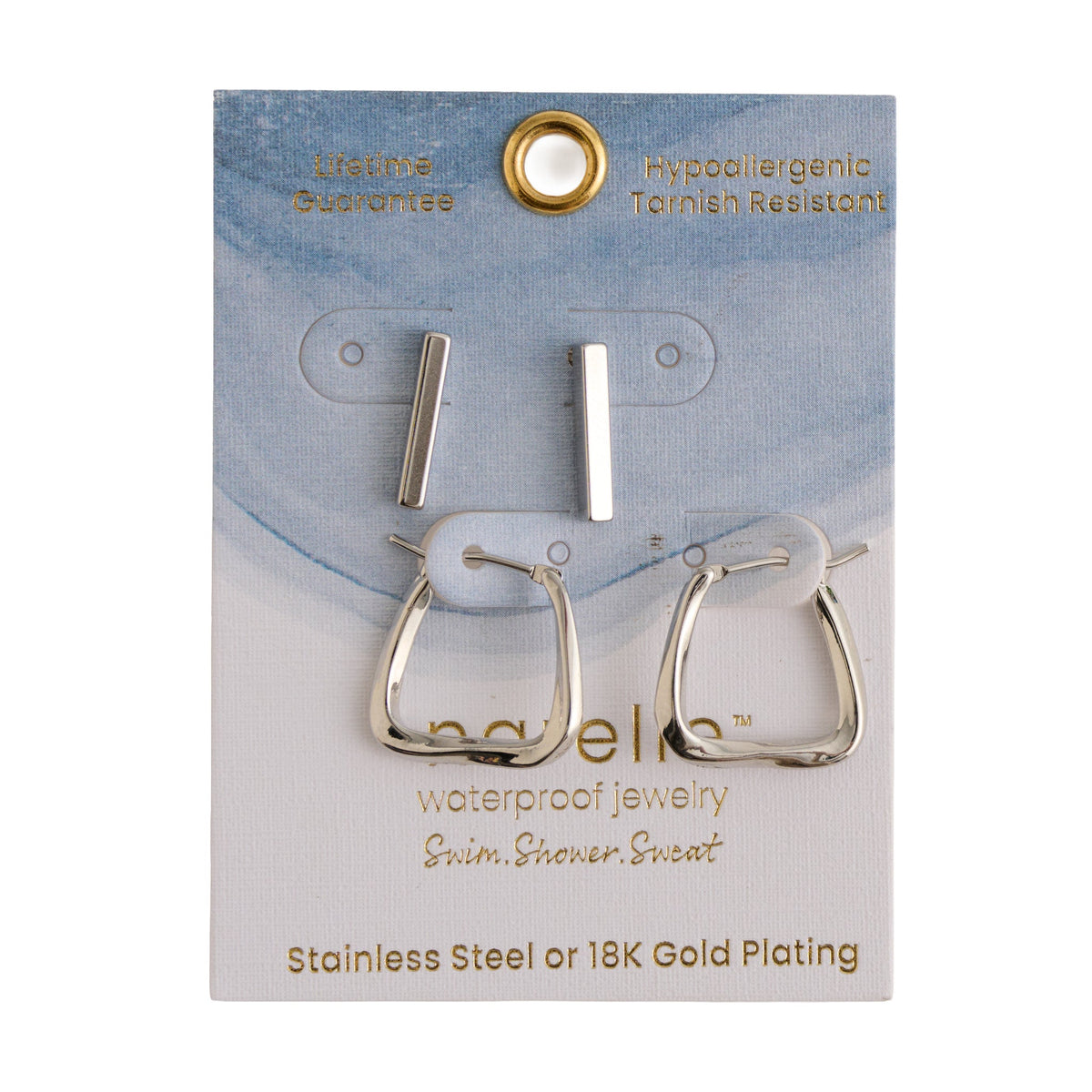 Narelle Waterproof Rounded Square Hoop and Bar Stud Earring Set