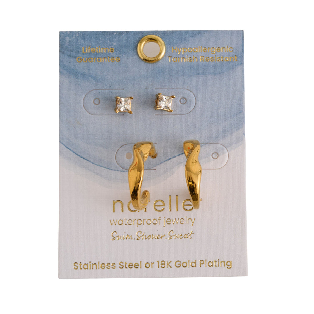 Narelle Waterproof Twisted Open C-Hoop and Genuine Cubic Zirconia Stud Earring Set