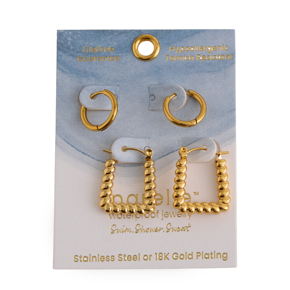 Narelle Waterproof Twisted Square Hoop and Huggie Hoop Earring Set