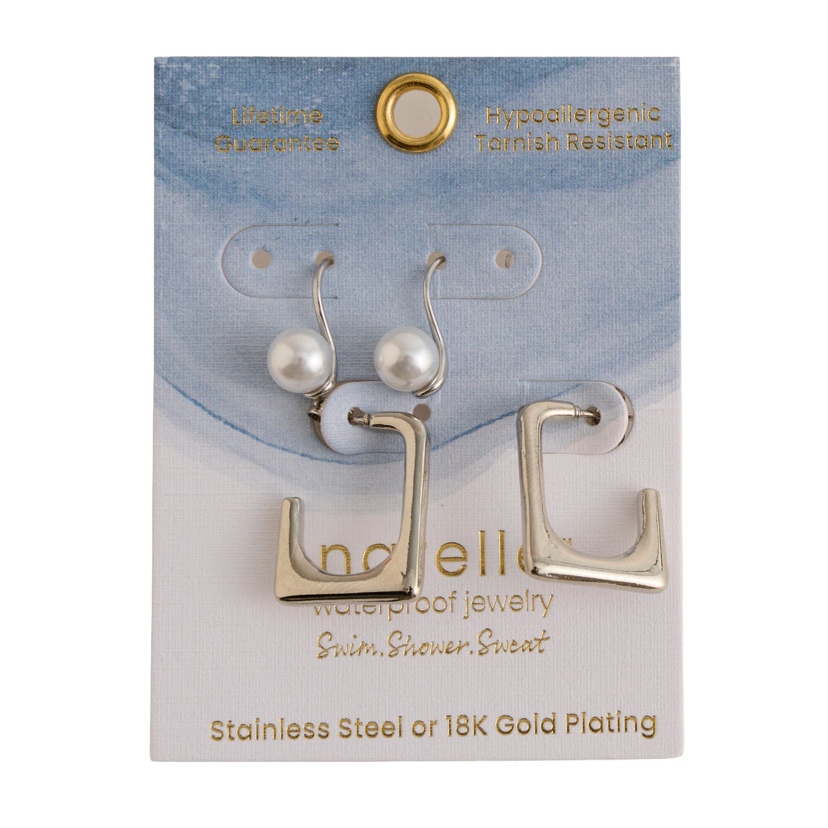 Narelle Waterproof Rectangle Open C-Hoop and Pearl Drop Earring Set