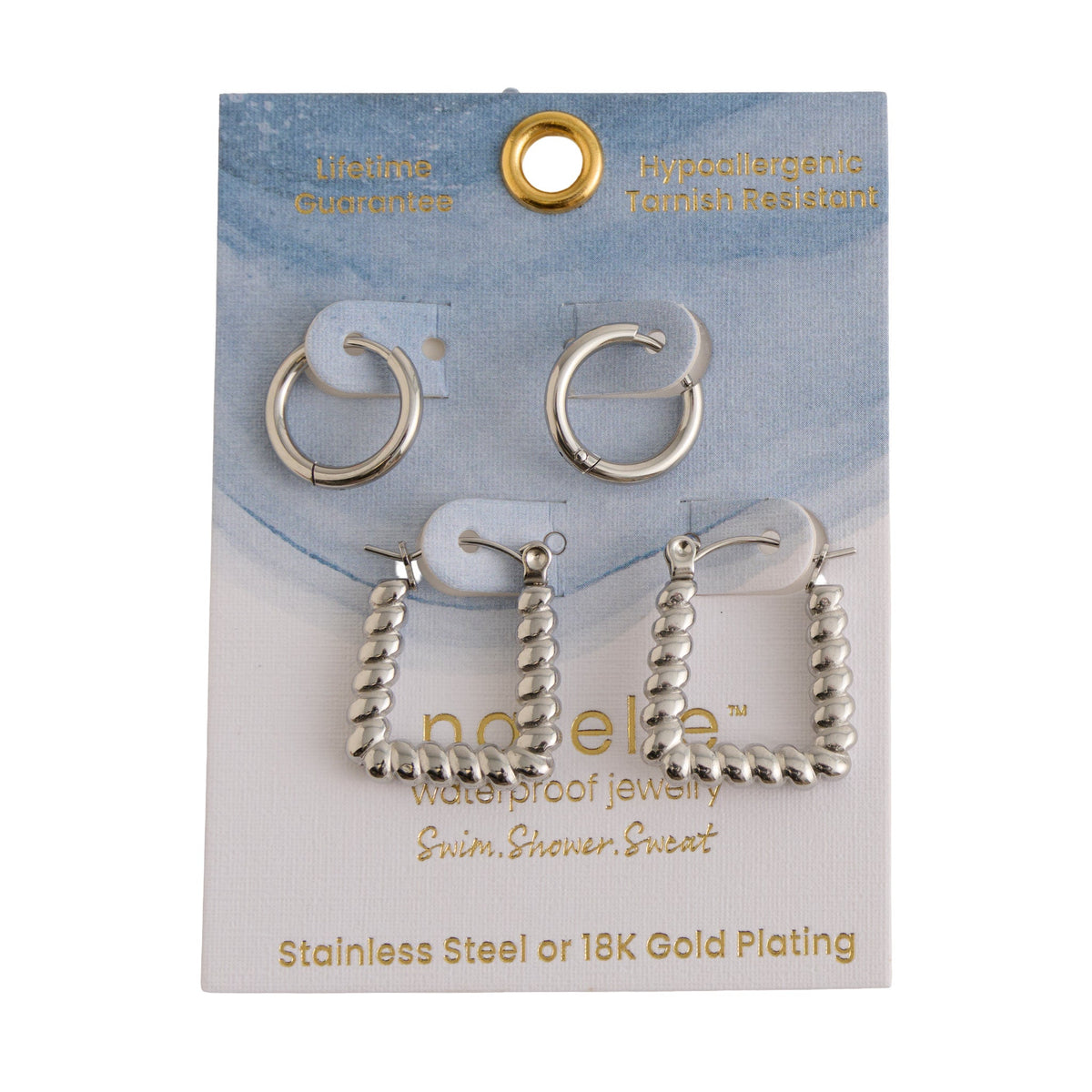 Narelle Waterproof Twisted Square Hoop and Huggie Hoop Earring Set