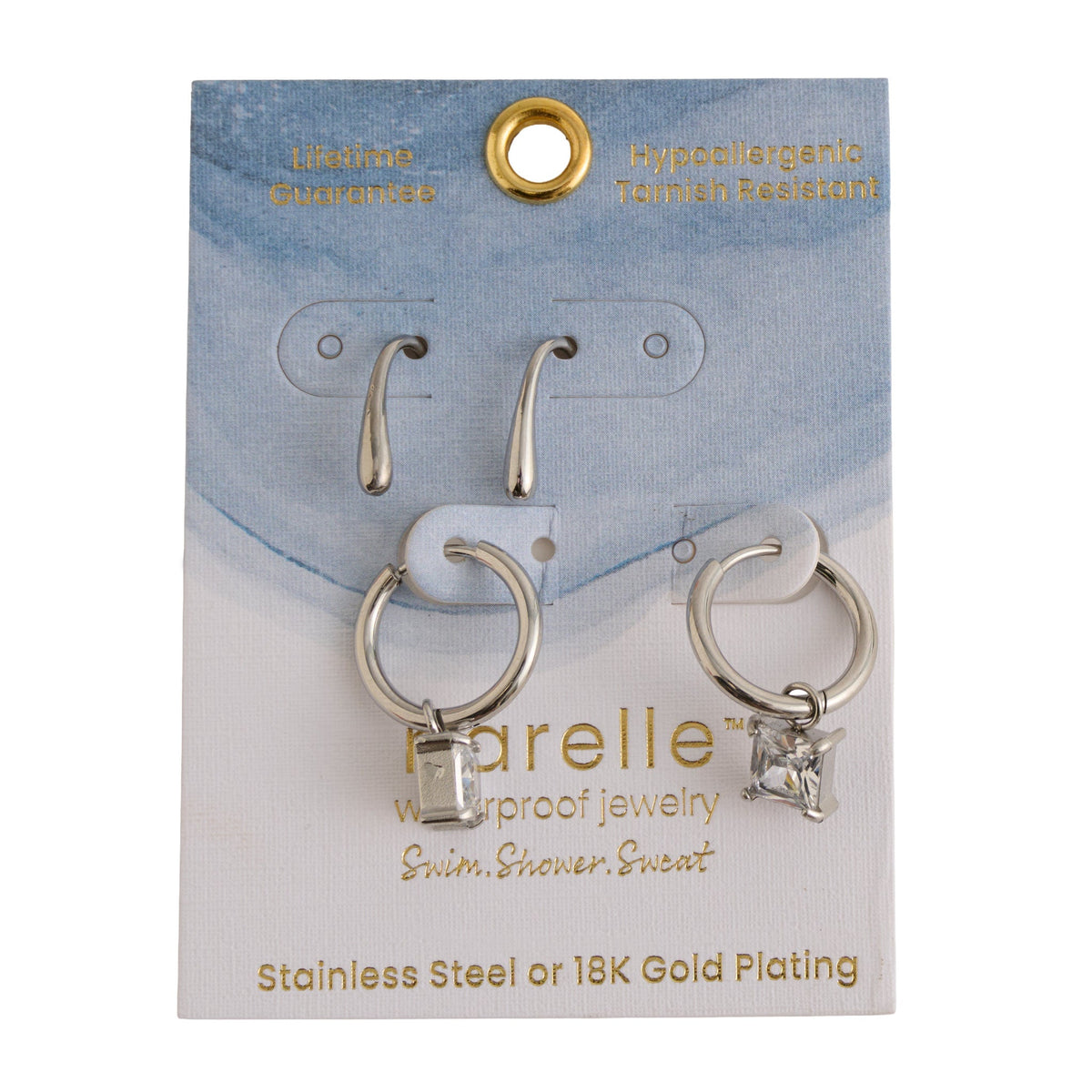 Narelle Waterproof Genuine Cubic Zirconia Hoop and Teardrop Drop Earring Set