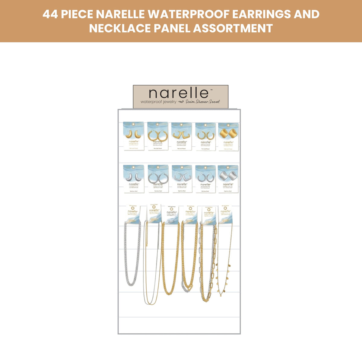 44 Piece Narelle Waterproof Earrings and Necklace Panel Assortment
