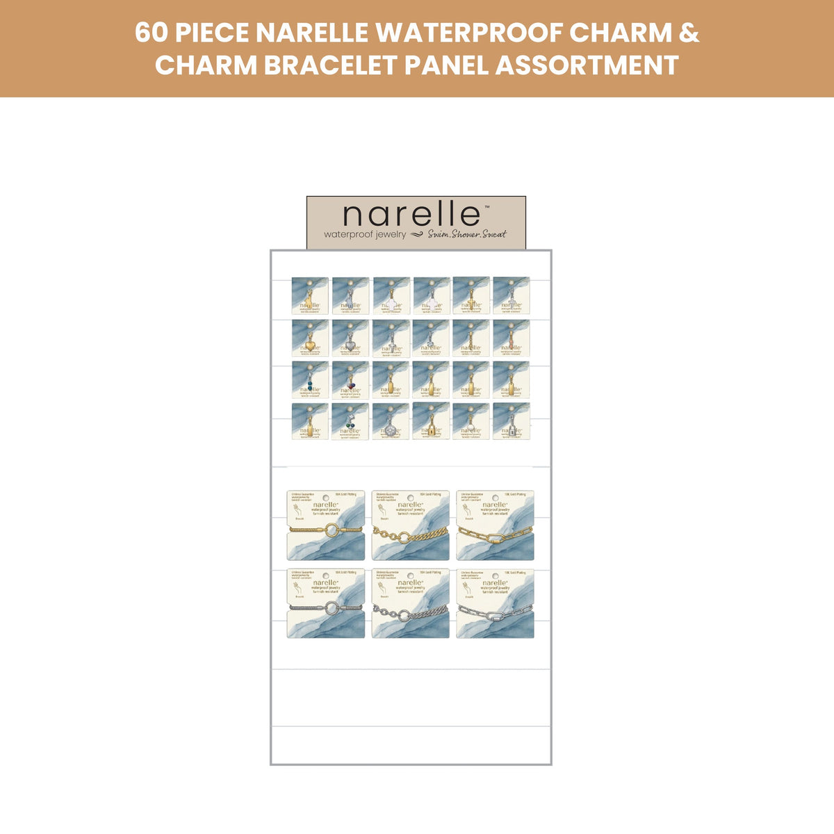 60 Piece Narelle Waterproof Charm & Charm Bracelet Panel Assortment