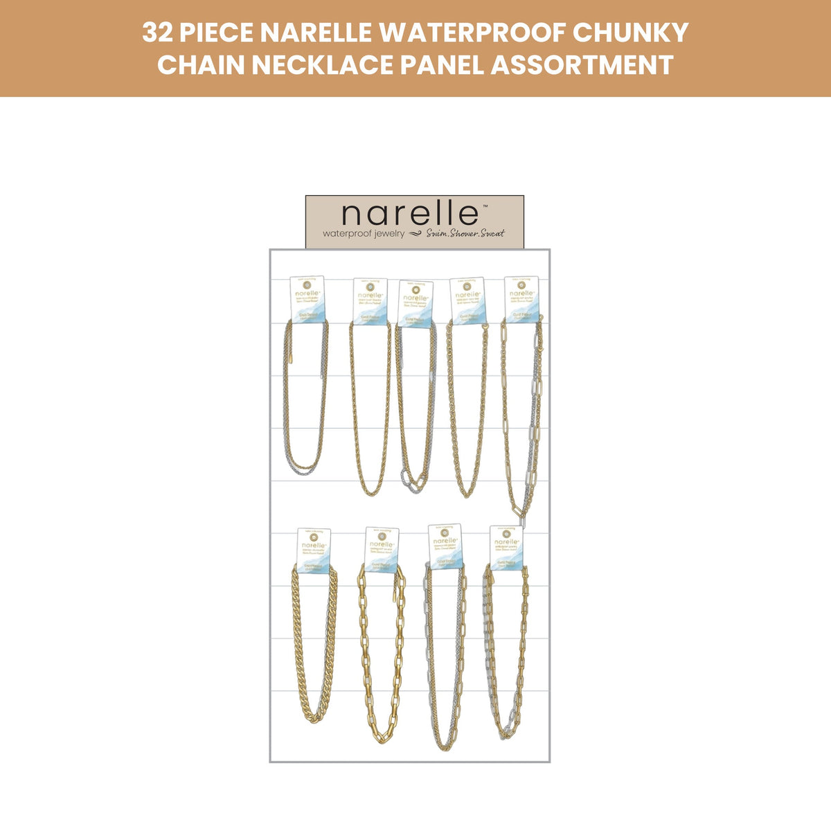 32 Piece Narelle Waterproof Chunky Chain Necklace Panel Assortment