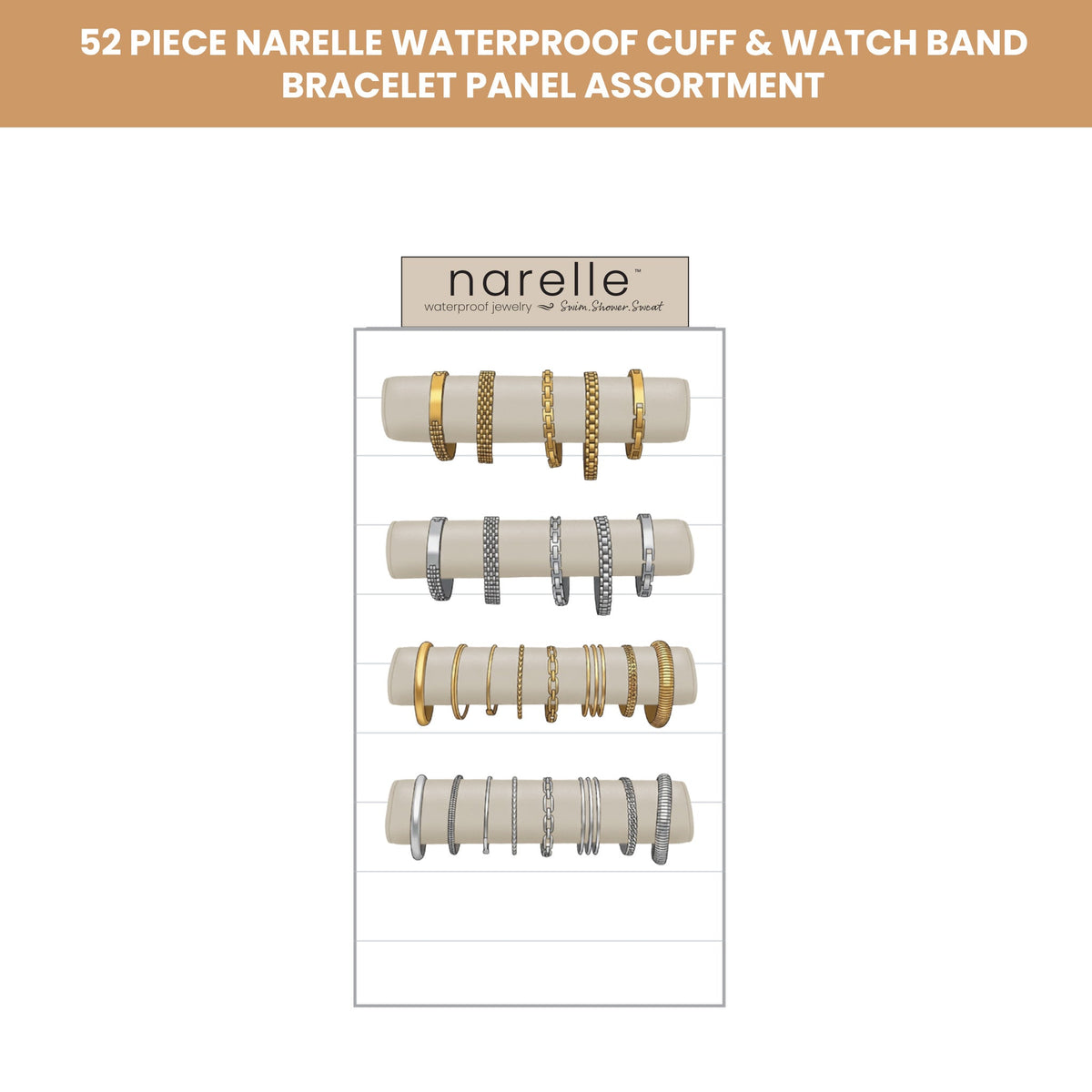52 Piece Narelle Waterproof Cuff & Watch Band Bracelet Panel Assortment