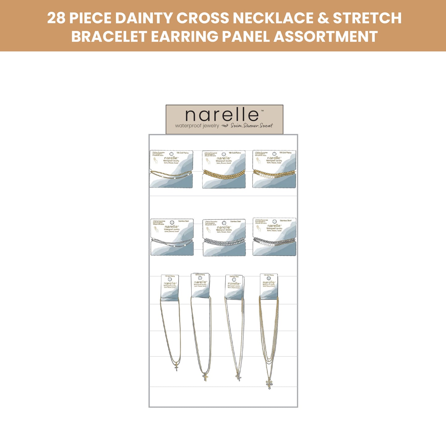28 Piece Narelle Waterproof Dainty Cross Necklace & Stretch Bracelet Panel Assortment