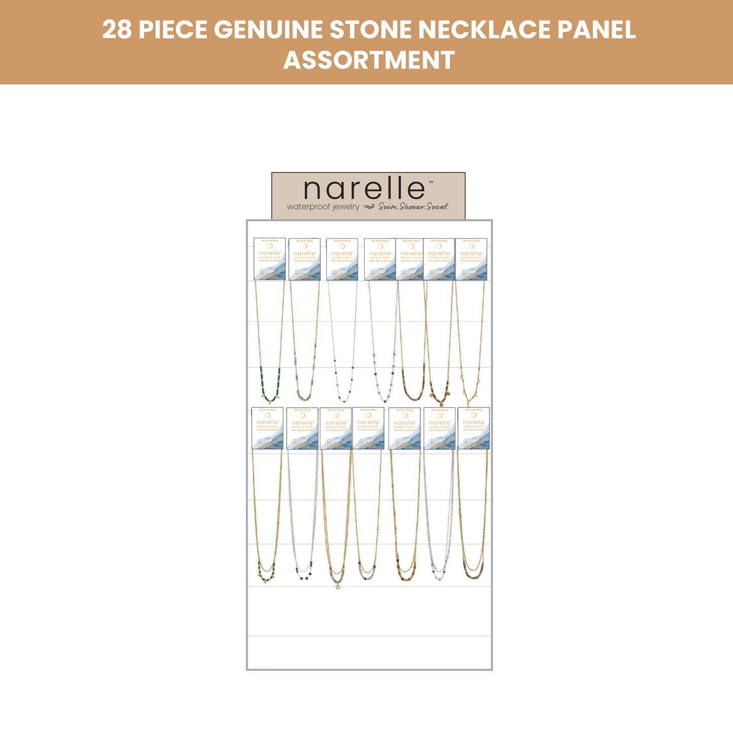 28 Piece Narelle Waterproof Dainty Genuine Stone Necklace Panel Assortment