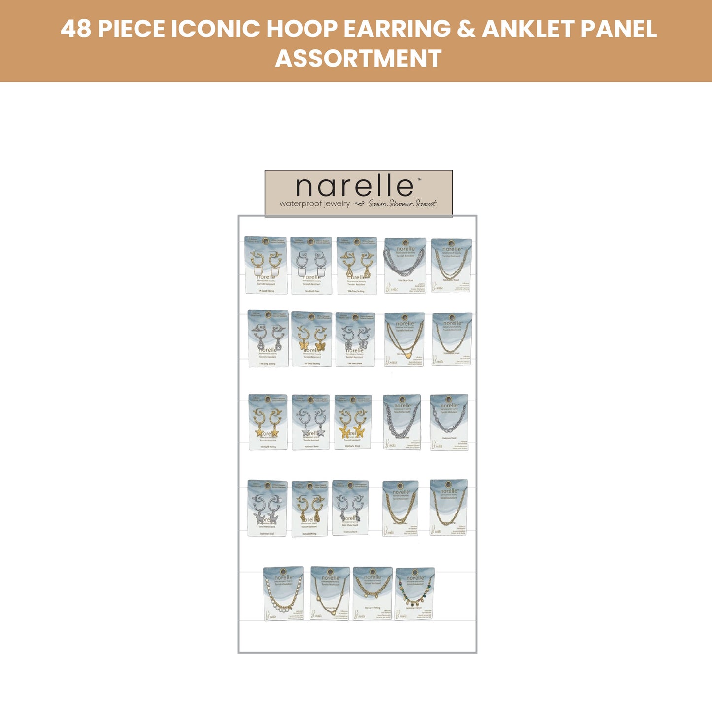 48 Piece Narelle Waterproof Iconic Hoops & Anklets Panel Assortment