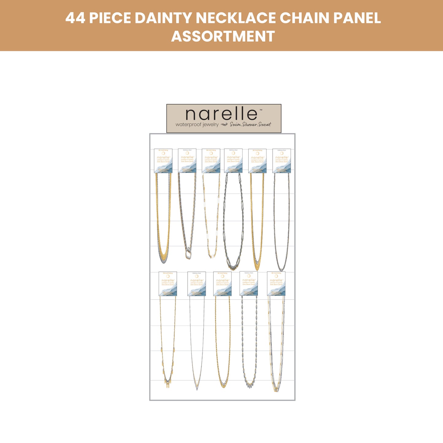 44 Piece Narelle Waterproof Dainty Chain Necklace Panel Assortment