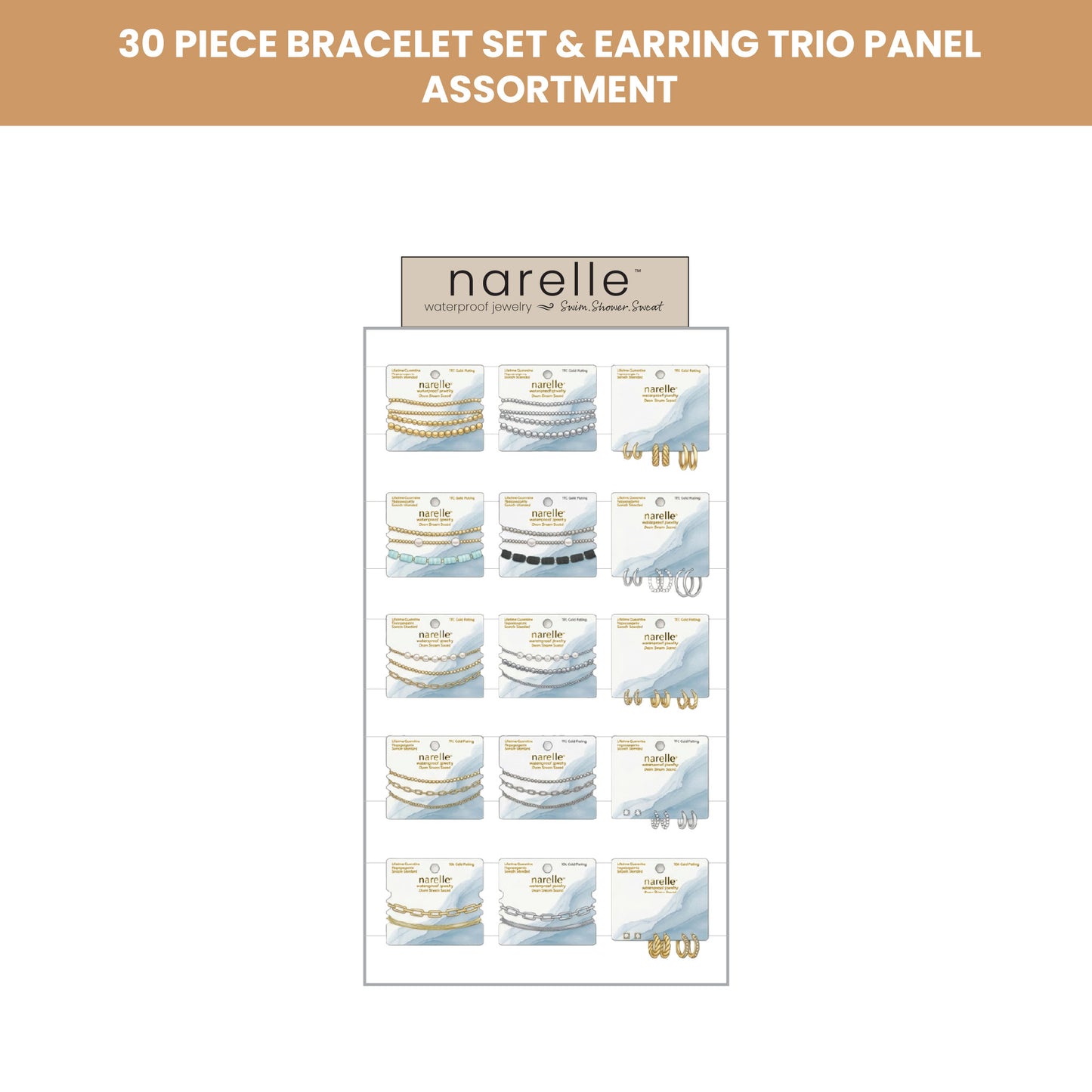 30 Piece Narelle Waterproof Bracelet And Earring Trio Panel Assortment