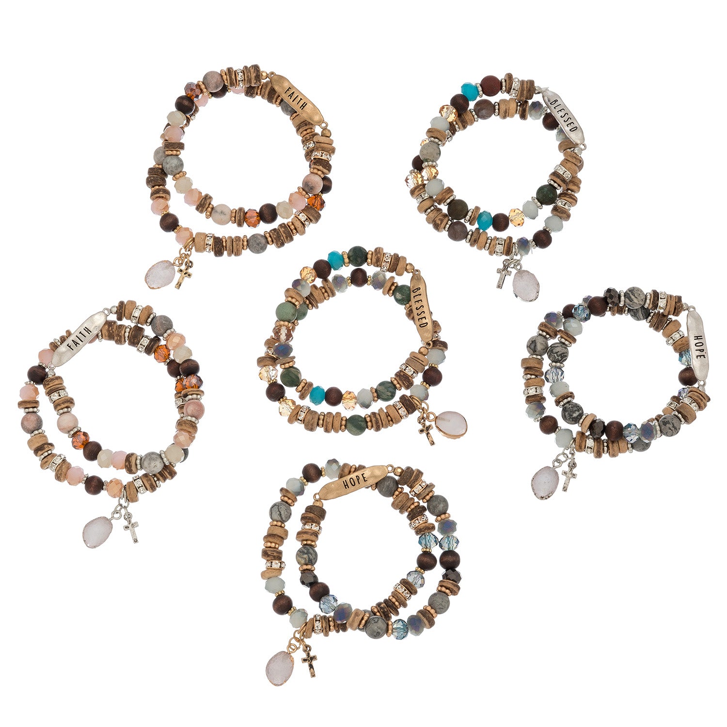 A collection of bracelets with mixed stone and bead accents, featuring inspirational messages and small metallic charms.