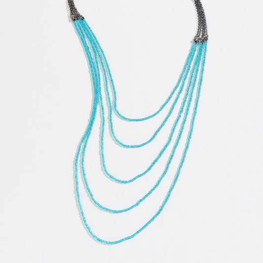 Blue Glass Bead Layered Chain Necklace