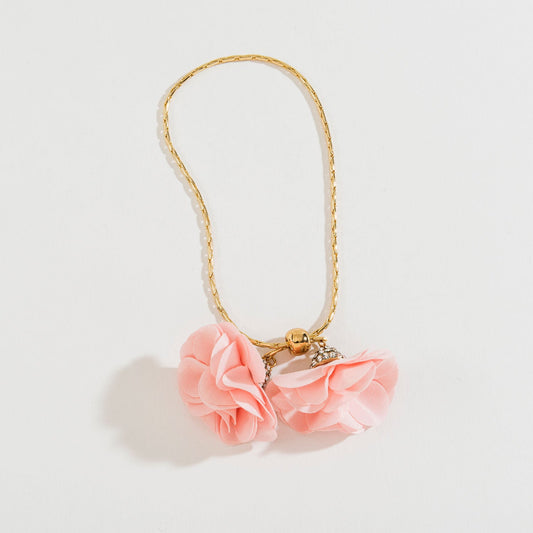 Pink Fabric Flower And Pearl Accent Adjustable Gold Bracelet