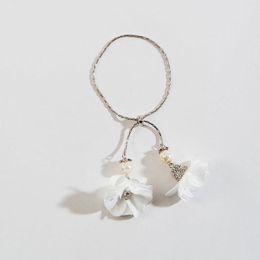 White Fabric Flower And Pearl Accent Adjustable Silver Bracelet