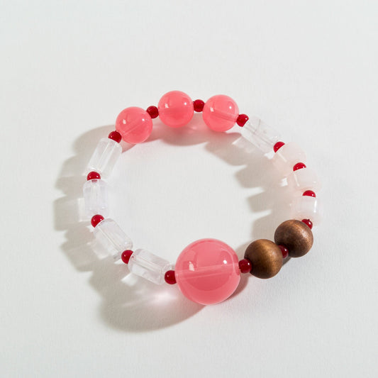 Pink Genuine Glass And Wood Bead Stretch Bracelet