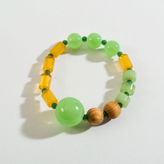 Green Genuine Glass And Wood Bead Stretch Bracelet