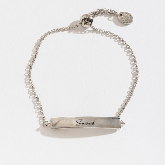 Saved Inspirational Silver Bar Adjustable Bracelet