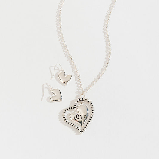 Love Heart Outline Pendant Necklace And Earring Set