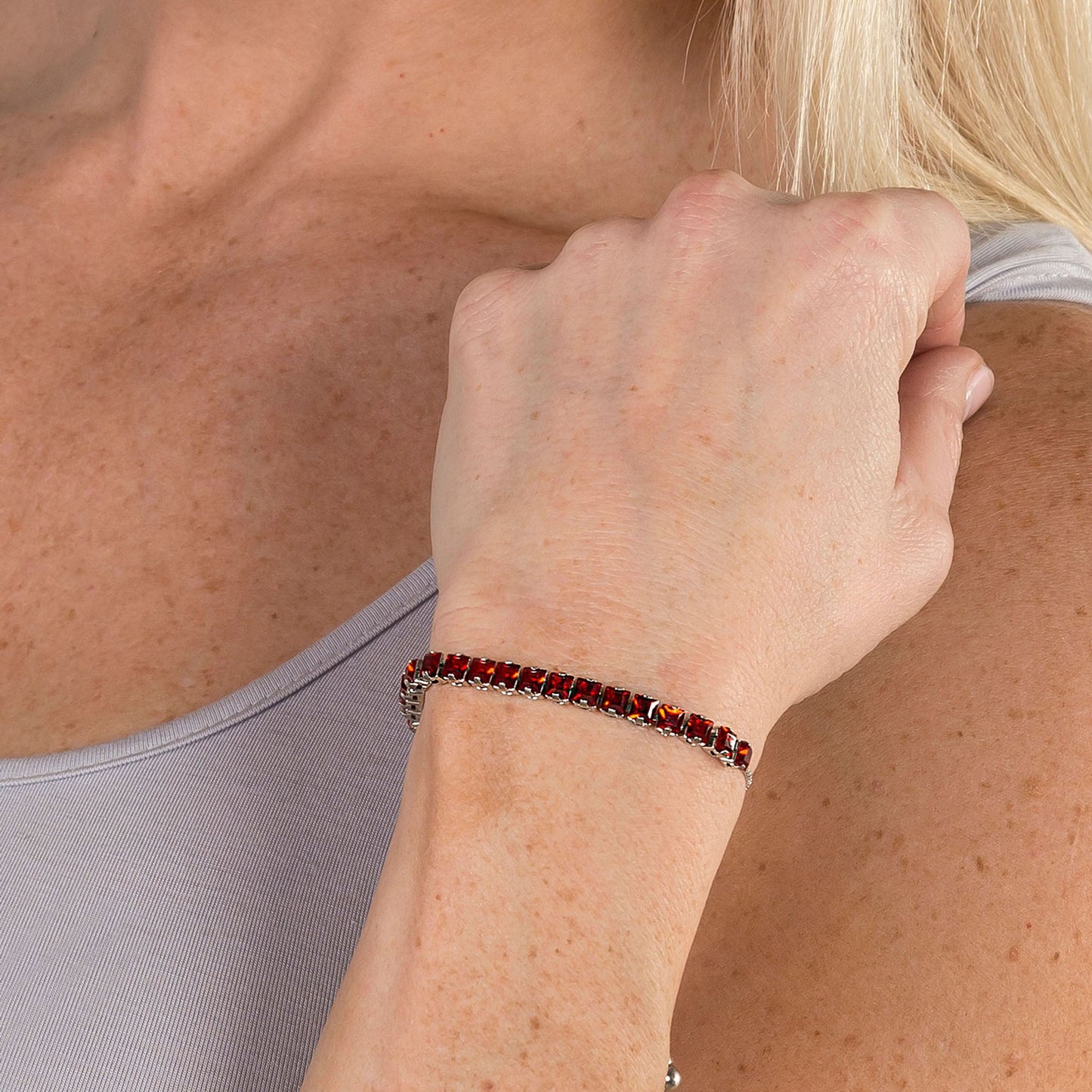 Red Rhinestone Pull Cord Silver Bracelet
