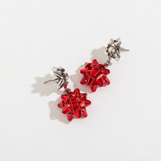 Silver And Red Gift Bow Drop Earrings