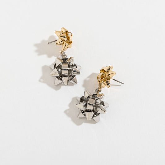 Gold And Silver Gift Bow Drop Earrings