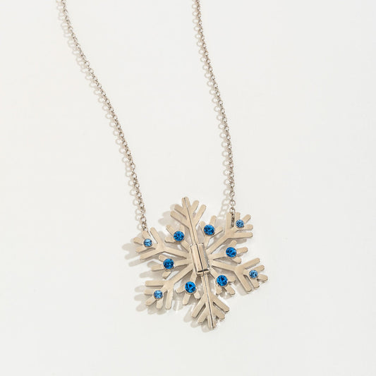 Blue Rhinestone Silver Snowflake Magnetic Front Clasp Necklace