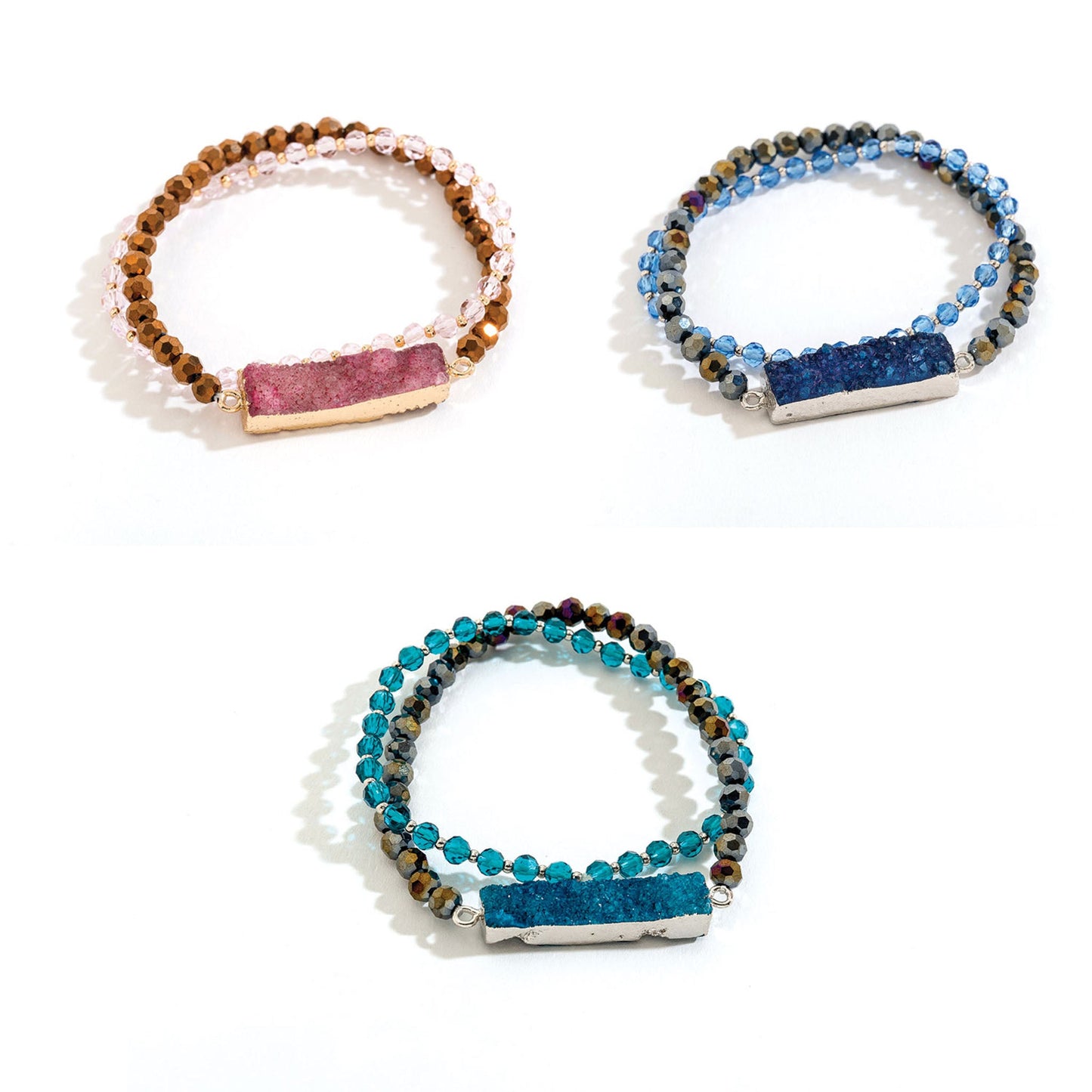 18 Piece Rectangle Druzy & Glass Bead Layered Bracelet Unit With Display