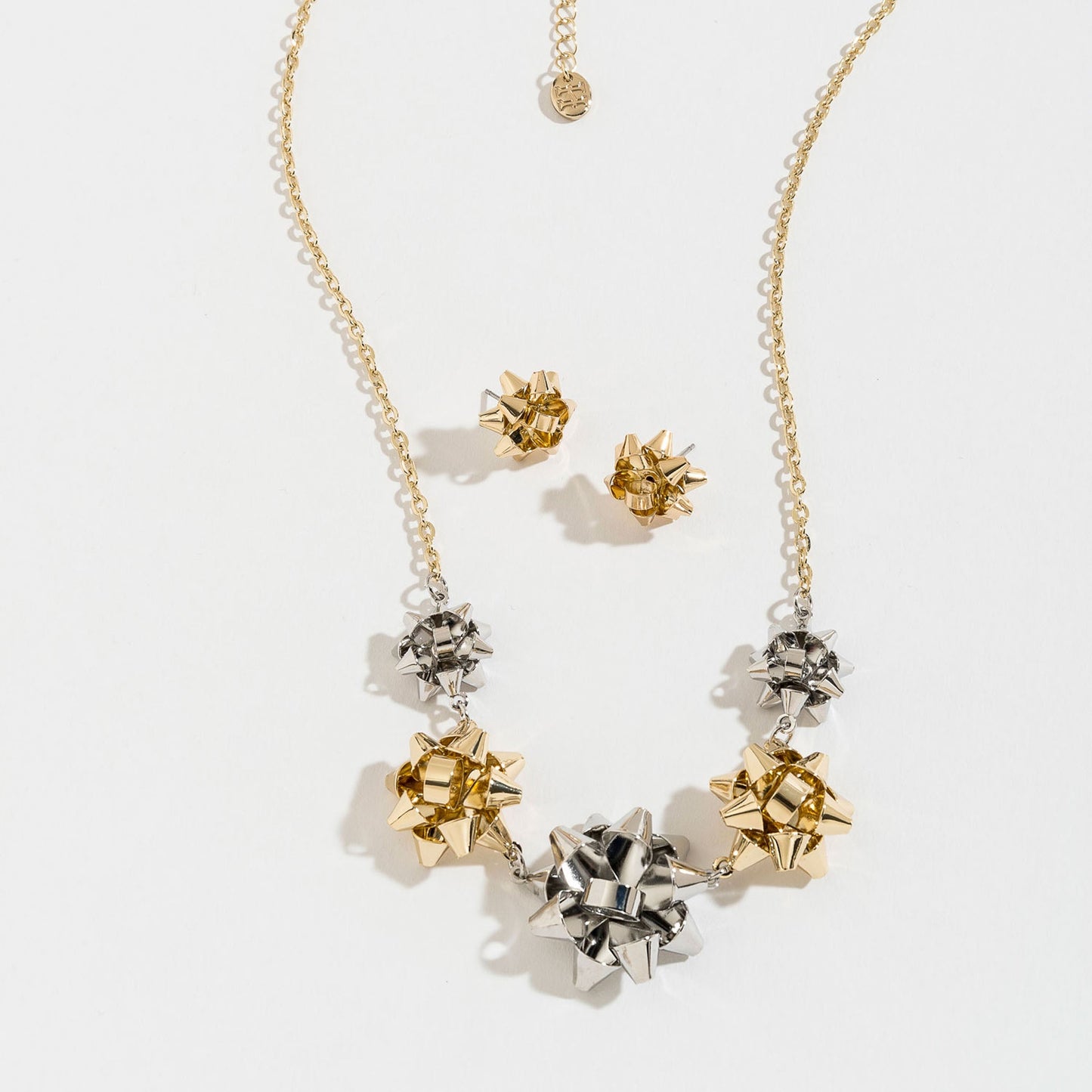 Silver And Gold Gift Bow Collar Necklace And Earring Set