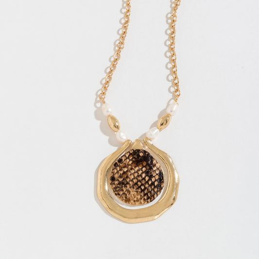 Snake Print And Pearl Accent Gold Pendant Necklace