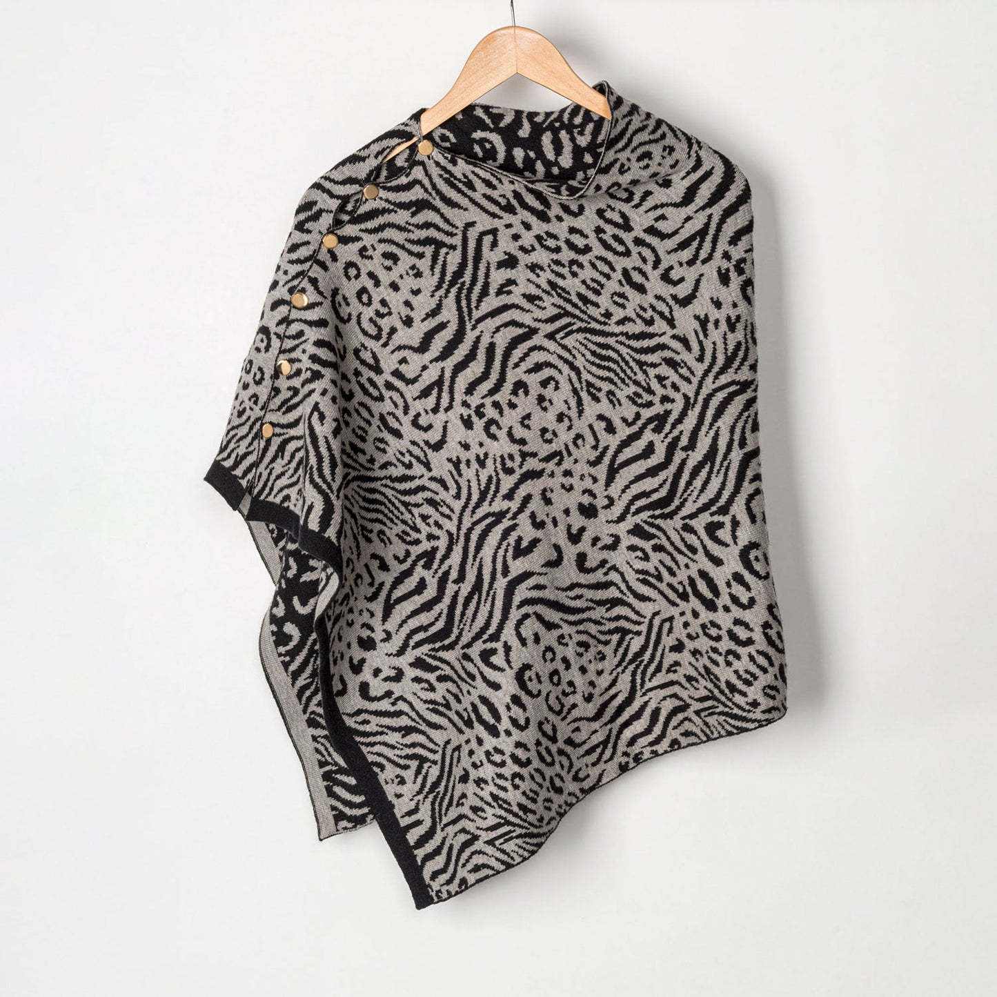 Black Animal Print Reversible Poncho With Gold Button Accents - Os