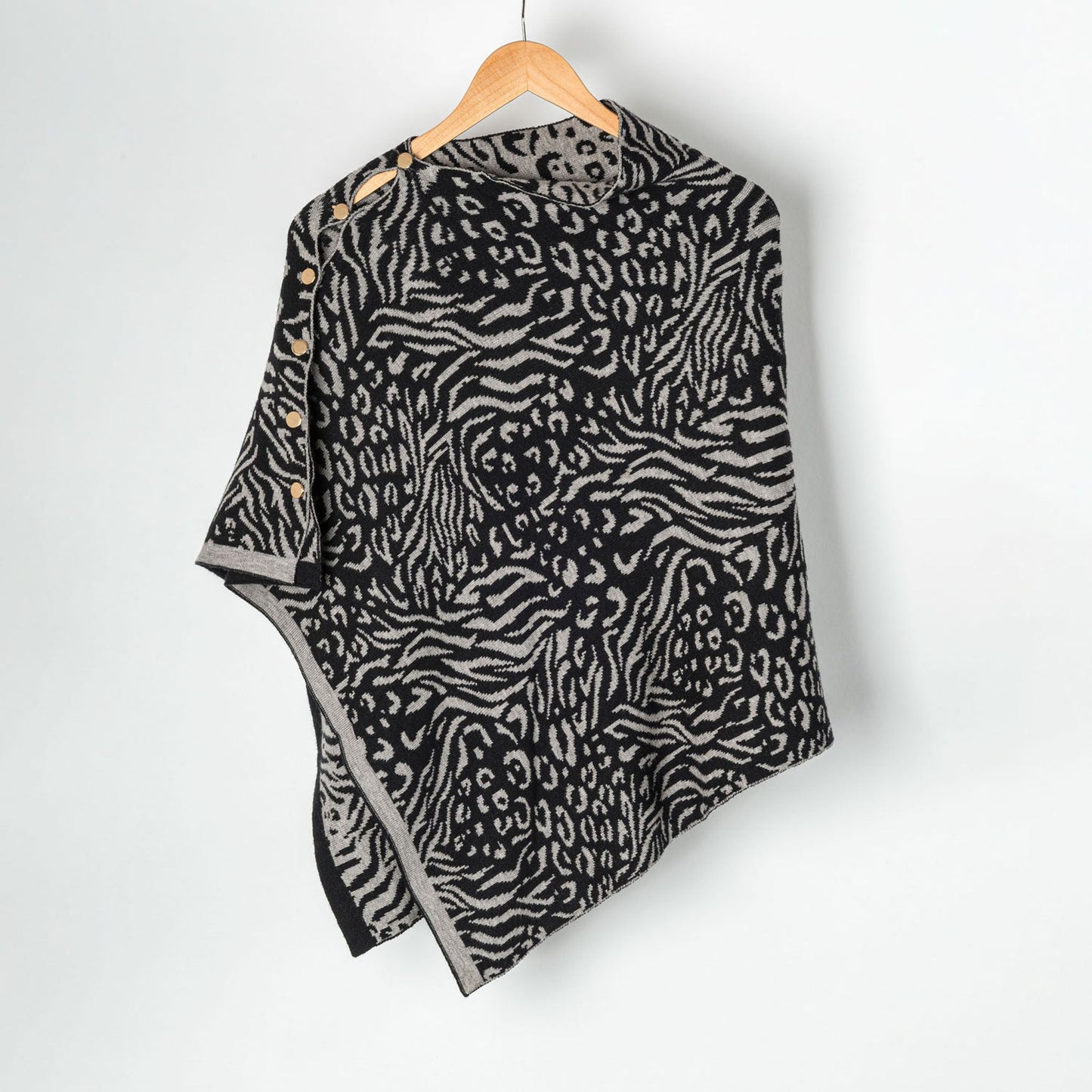 Black Animal Print Reversible Poncho With Gold Button Accents - Os