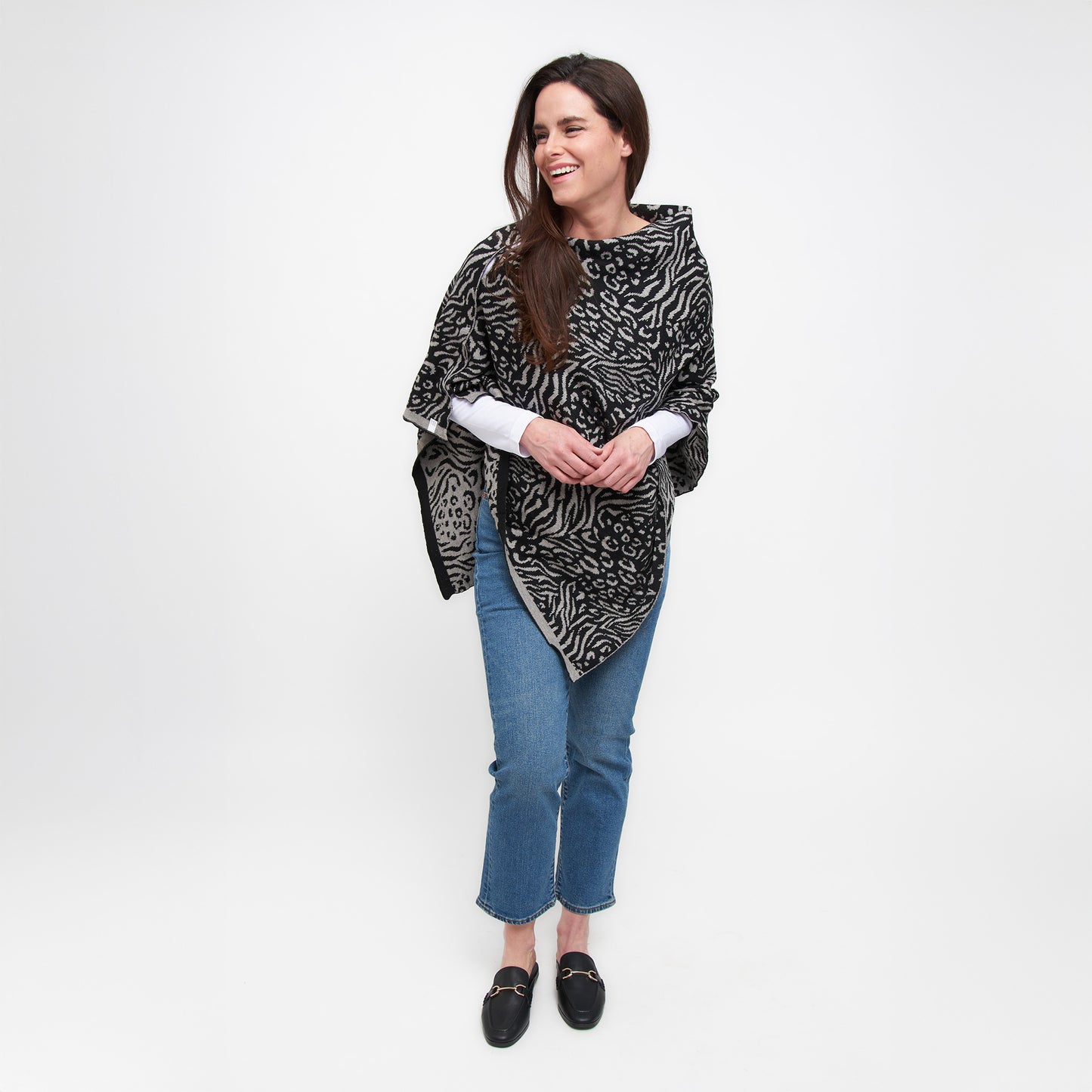 Black Animal Print Reversible Poncho With Gold Button Accents