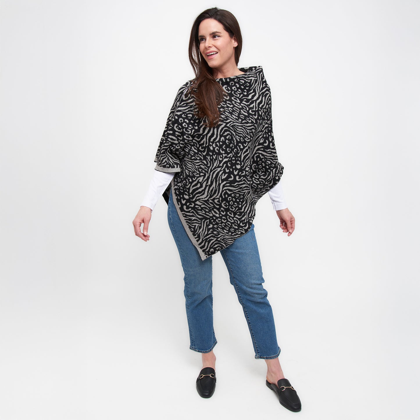 Black Animal Print Reversible Poncho With Gold Button Accents