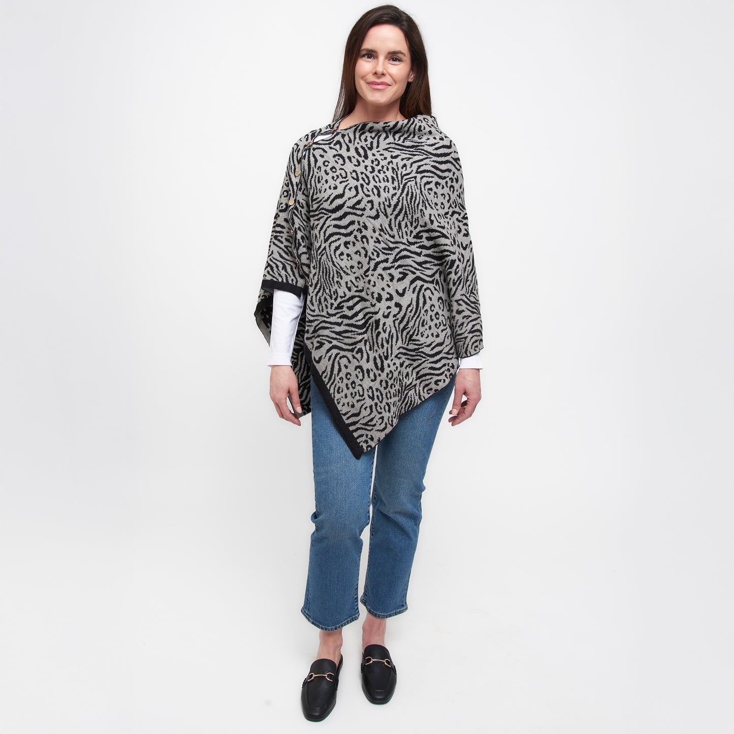 Black Animal Print Reversible Poncho With Gold Button Accents