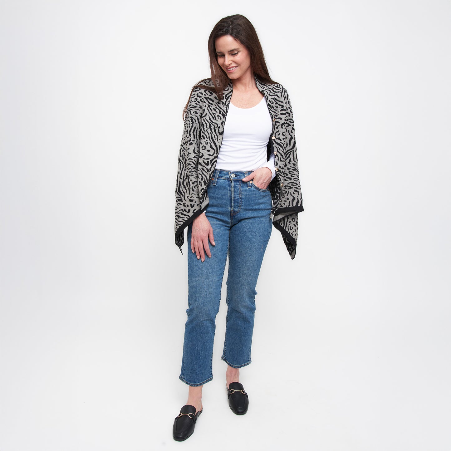 Black Animal Print Reversible Poncho With Gold Button Accents