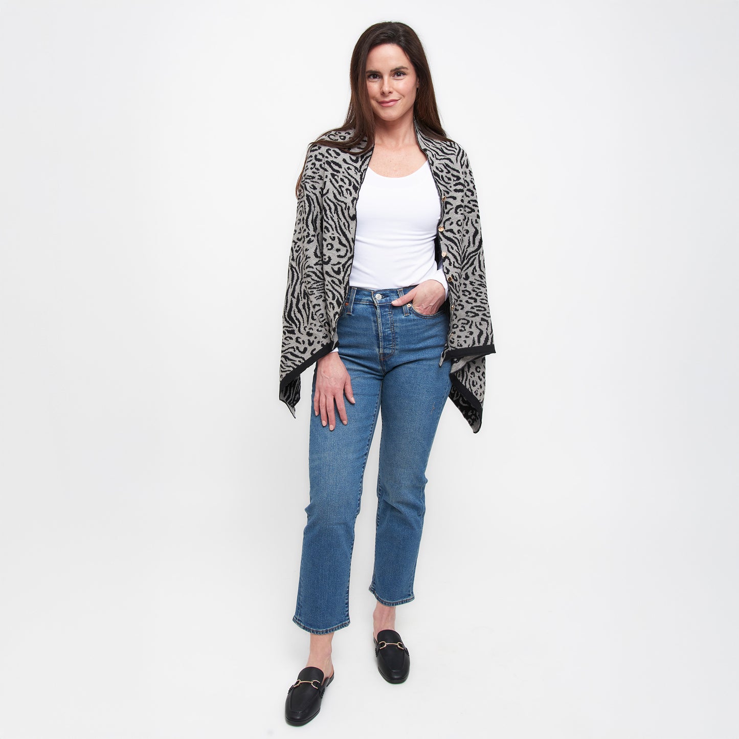 Black Animal Print Reversible Poncho With Gold Button Accents