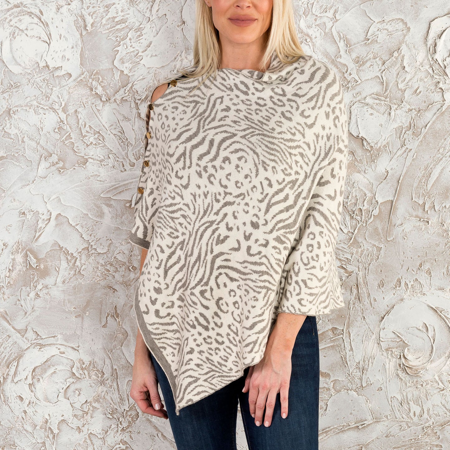 Light Gray Animal Print Reversible Poncho With Gold Button Accents