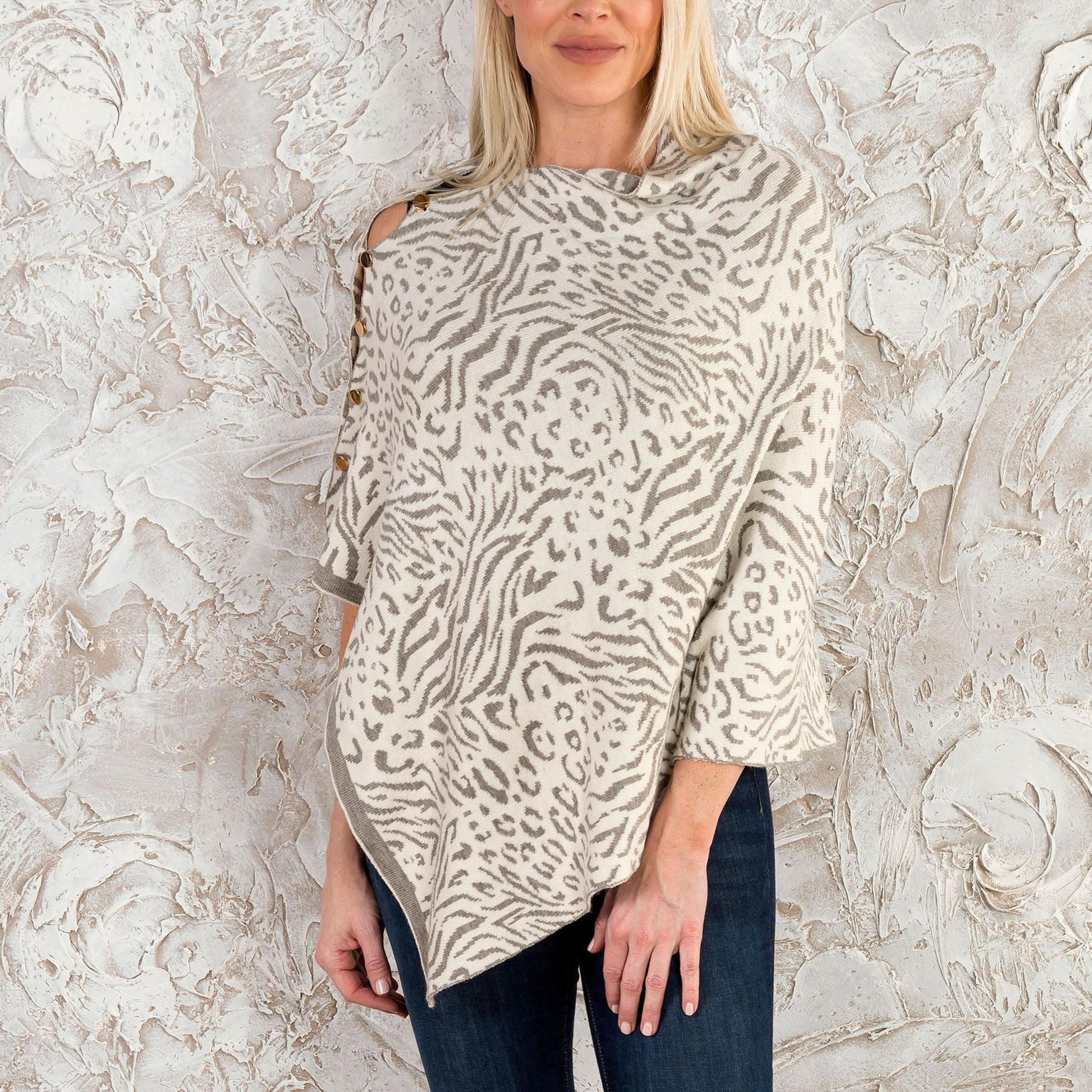 Light Grey Animal Print Reversible Poncho With Gold Button Accents - Os