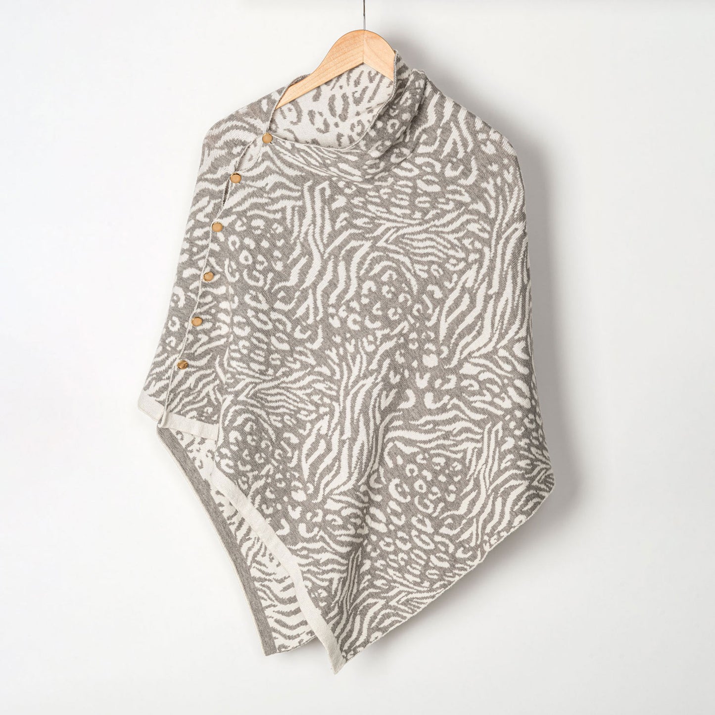 Light Gray Animal Print Reversible Poncho With Gold Button Accents