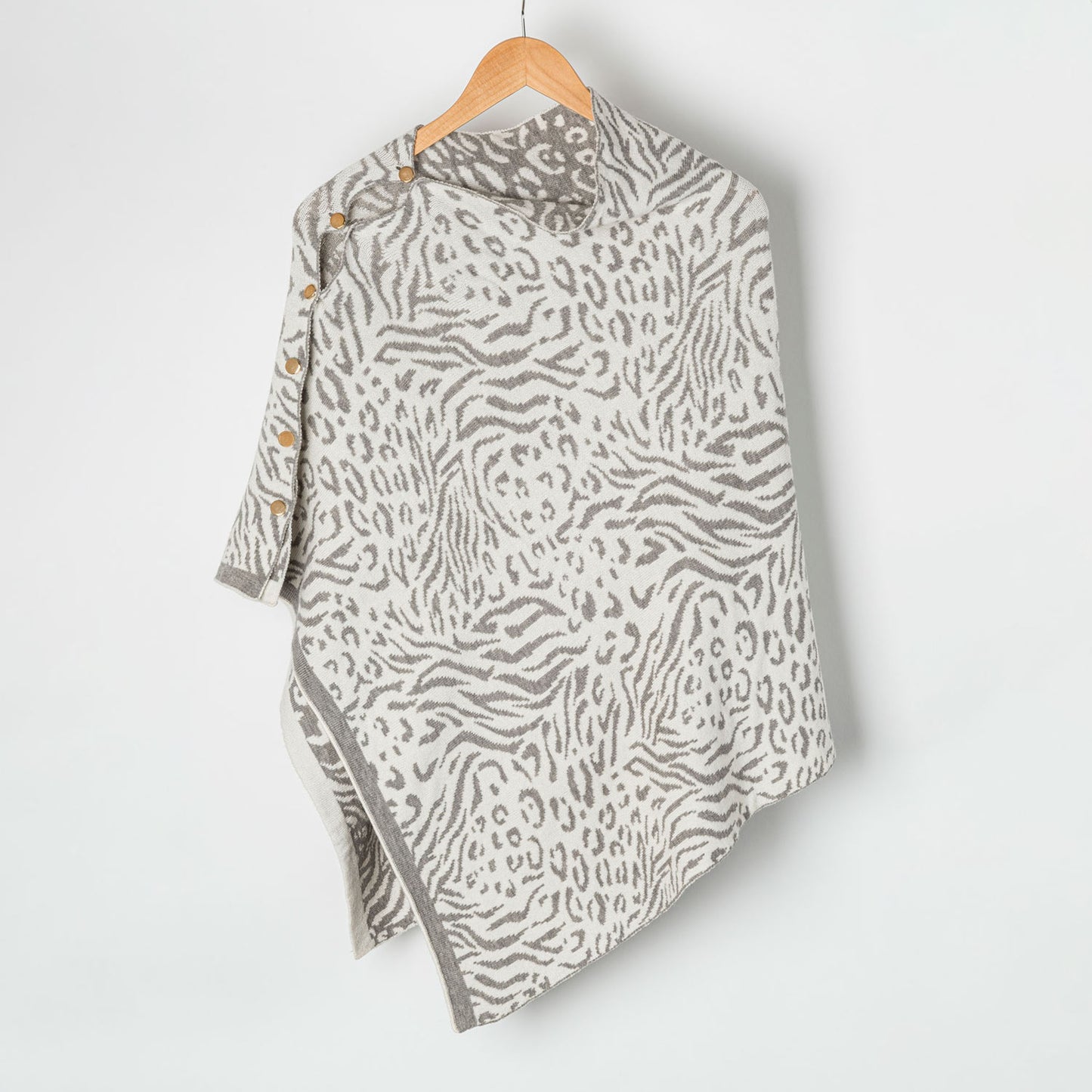Light Gray Animal Print Reversible Poncho With Gold Button Accents
