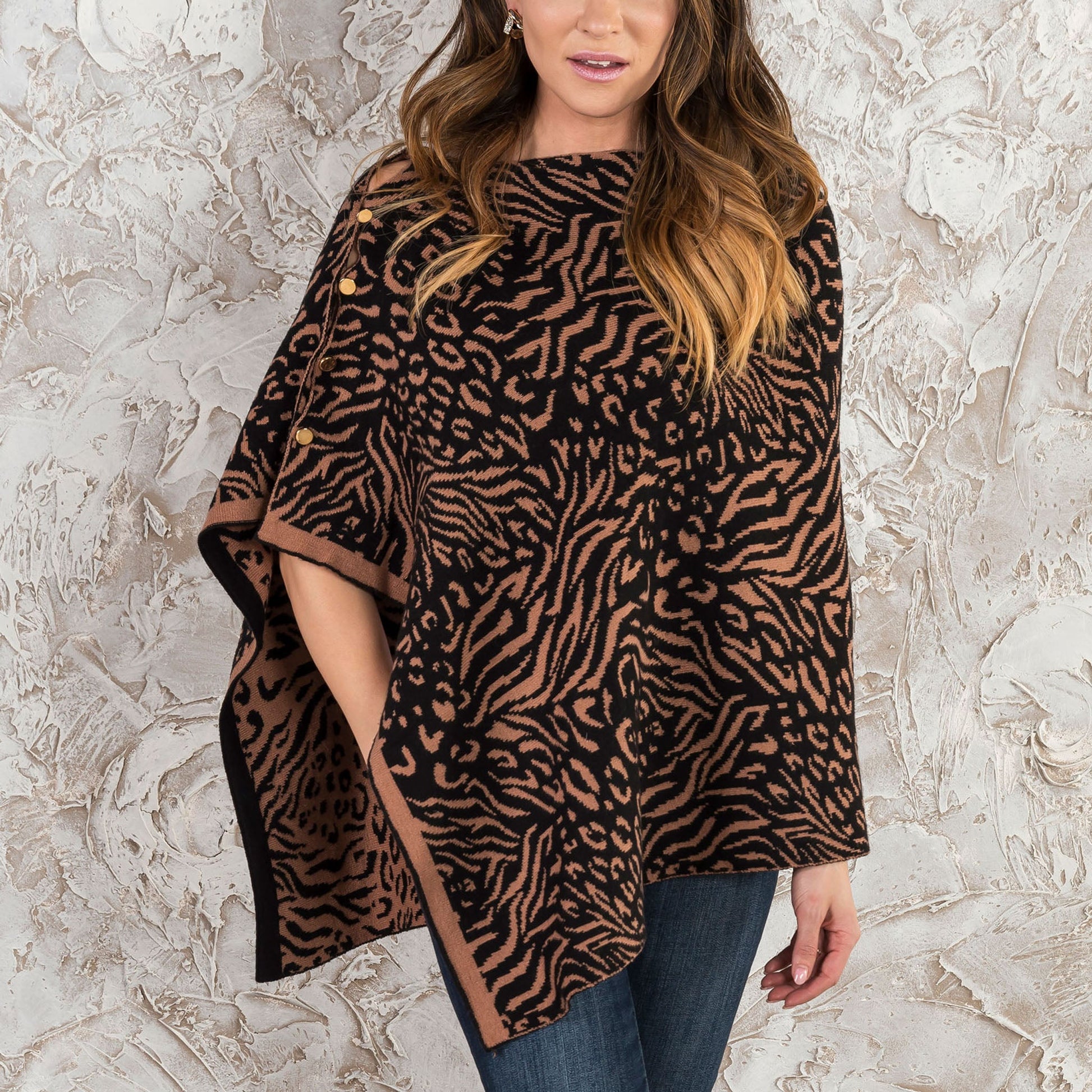 Brown Animal Print Reversible Poncho With Gold Button Accents - Os